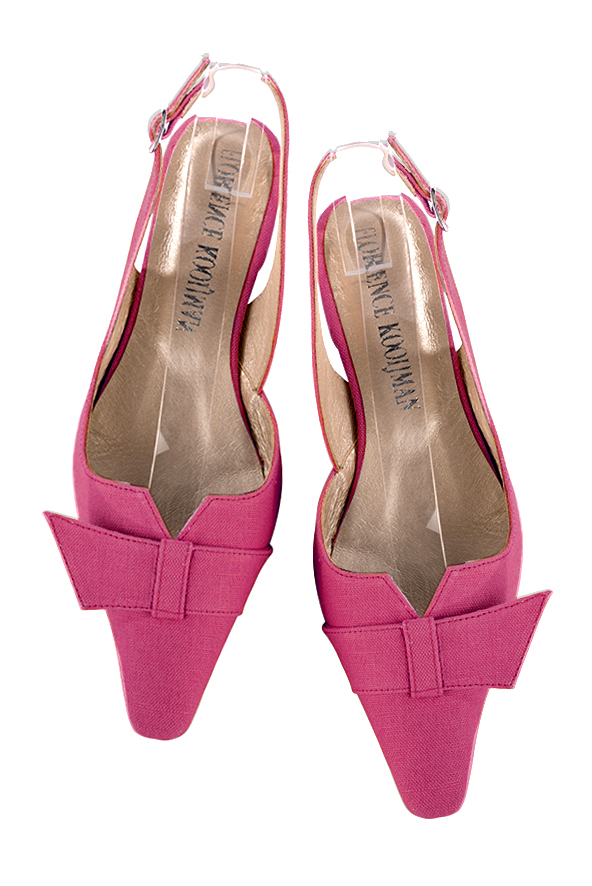 Hot pink women's open back shoes, with a knot. Tapered toe. Low block heels. Top view - Florence KOOIJMAN